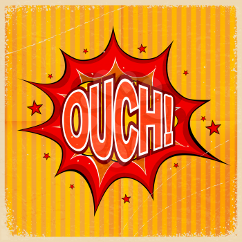 Cartoon blast OUCH! on a yellow background, old-fashioned. Vector illustration.