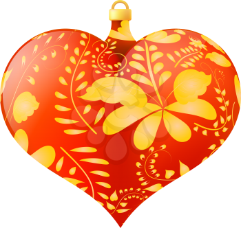 Christmas toy in the shape of a red heart with golden floral ornament. Christmas. Valentine's day. Vector illustration.