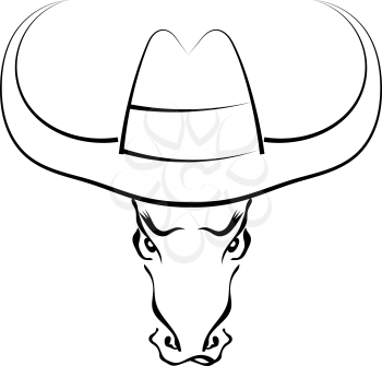 Black silhouette of the full face of the muzzle of a bull in a cowboy hat isolated on white background. Trademark farm. Vector illustration.