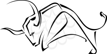 Isolated black silhouette of a bull on a white background. Bullfighting. Logo, trademark farm. Vector illustration.
