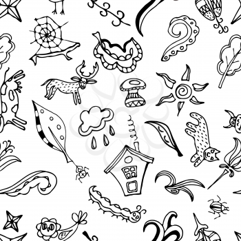 Vector seamless pattern, doodling design.  Kids illustration.  Doodle background