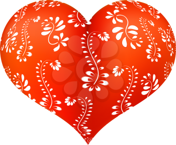 Red three-dimensional heart with floral ornament with white. Vector illustration.