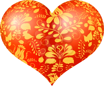 Red three-dimensional heart with floral gold ornament, highlights and shadows. Vector illustration.