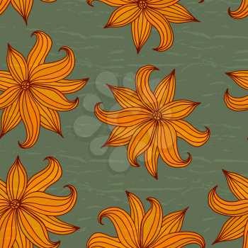 Green seamless texture with orange lilies. Vector illustration.
