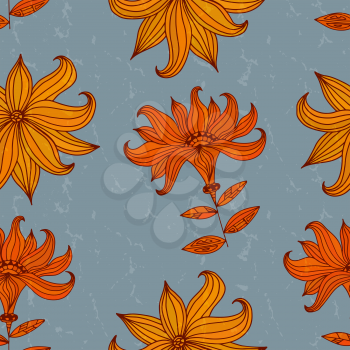 Blue seamless texture with orange lilies. Vector illustration.
