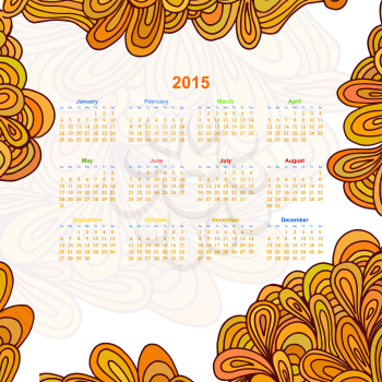 Calendar on a white background with an floral ornament Doodle. 2015. Ethno. Vector illustration.