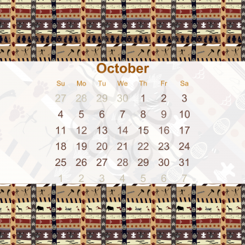 Calendar designed in the style of Tribal. 2015. October. Ethno. Vector illustration.