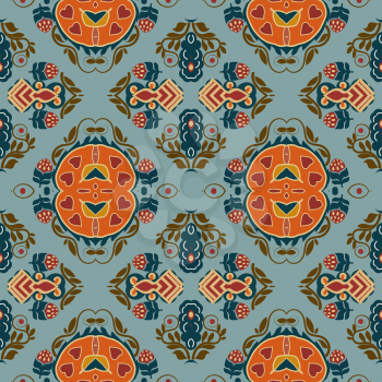 Seamless background from a floral ornament orange tribal style on a blue background. Ethno. Vector illustration.