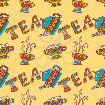 Seamless texture tea party, chanik, cup, candy, sugar. Tribal style. Vector illustration.