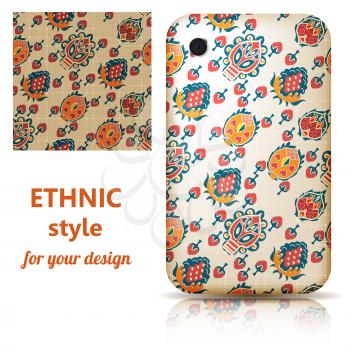 Set of seamless texture and phone cover decorated in orange floral ornament on a light background. Tribal style. Vector illustration.