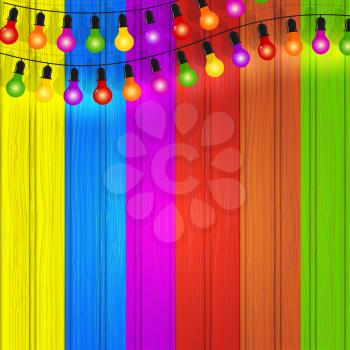 Colorful garlands of  lights on the color wooden background. Vector illustration.