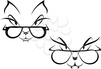 Set of silhouettes muzzle cat with glasses. Logo. Vector illustration.