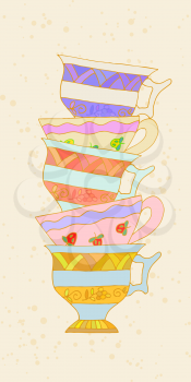 A set of cups in the background retro tea. Tribal style. Vector illustration.