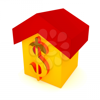 Vector illustration of a yellow house with a red roof and golden dollar sign.