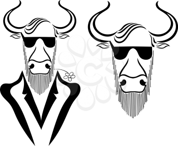 Set a bull in a jacket with chamomile in teeth and glasses isolated on white background. Hipster. Vector illustration.
