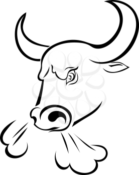 Angry bull's head with the steam from his nostrils isolated on white background. Vector illustration.