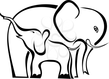 A pair of elephants mother and baby isolated on white background. Symbol of care, love, motherhood. Logo. Vector illustration.