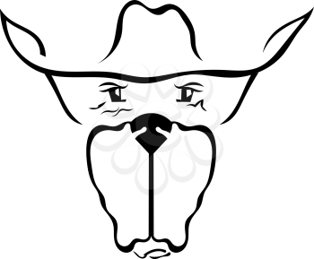 Silhouette of the head of the dog in a cowboy hat isolated on white background. English Bulldog. Vector illustration.