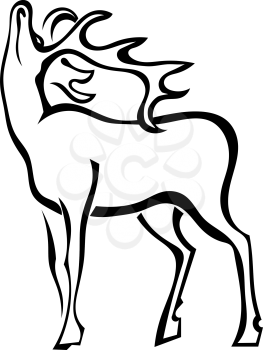 Silhouette of deer with large antlers isolated on white background. Male. Vector illustration.