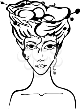 Girl with a nest in her hair isolated. Primeval. Vector illustration.