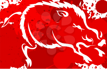 Red background with white silhouette of the wild boar. Watercolor. Vector illustration.