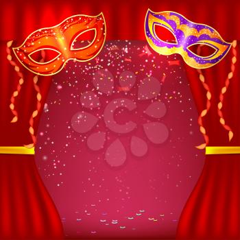 Red background with theater stage and masks. Banner for your cultural event. Red curtain. Vector illustration.