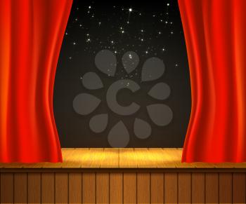 Background with theater stage. Banner for your cultural event. Red curtain, wooden scene. Vector illustration.