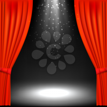 Banner with theater stage and red theater curtain. Banner for your cultural event. Vector illustration.