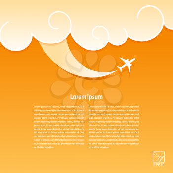 Yellow background with stylized sky plane and trace. Banner design for your airline. Vector illustration.