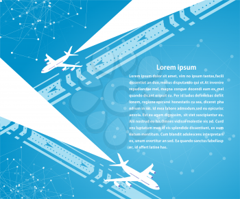 Blue banner and background planes on the runway. Travel. Design for your travel agencies, airlines.