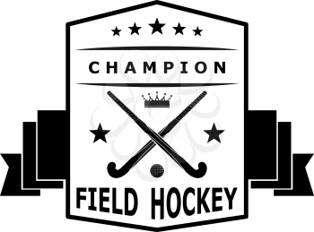 Black badge emblem for the team field hockey with ribbon. Vector illustration