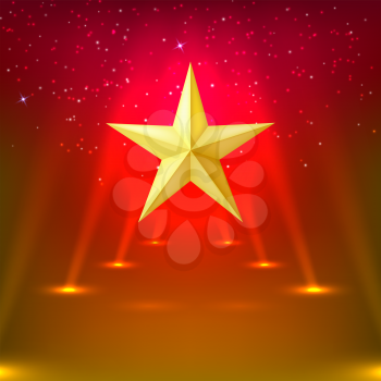 Red abstract background with rays of spotlights and gold star. Vector illustration