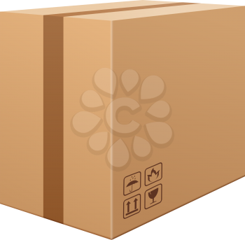 Brown cardboard box isolated on white background. Carefully, glass !. Packaging storage transportation your product. Vector illustration.