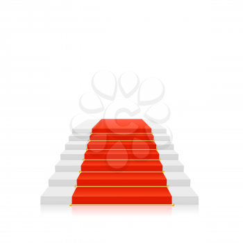 Red carpet on white stairs with gold holders. Vector illustration