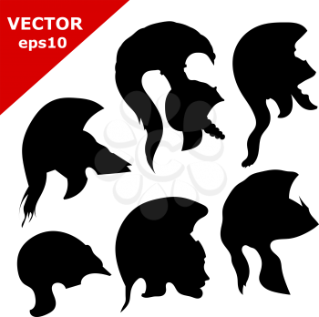 Set of black silhouettes of ancient helmets. Vector illustration