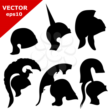 Set of silhouettes of ancient helmets. Vector illustration