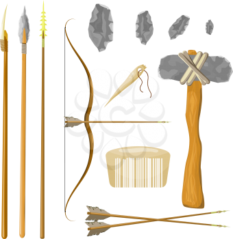 Set tools of prehistoric man: bow and arrow, spear, hammer, comb, needle, stone isolated on white background. Vector illustration.