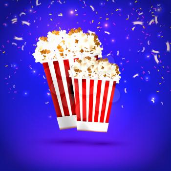 Banner large and small  popcorn on blue background. Food, popcorn. Design your the cinema, film, and entertainment events. Vector illustration.illustration.