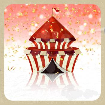 Retro greeting card with the circus and confetti. Entertainment, celebration, party. Welcome! Vector illustration