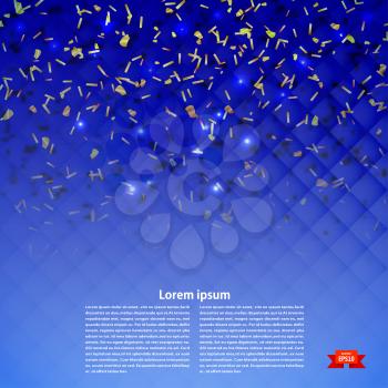 Festive banner with confetti on a blue background. The texture of rhombuses. Vector illustration.