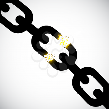 Chain link with fragmentation. Damage, obstacle, stress, bad, break, divorce. Vector illustration.