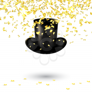 Black men hat cylinder on a white background with gold confetti and serpentine. Vector illustration