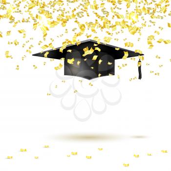 Graduate cap and golden confetti on a white background. Vector illustration