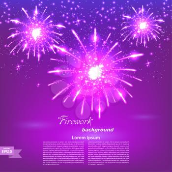 Celebratory fireworks on a purple background. Card. Vector illustration.