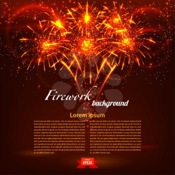 Bright colorful fireworks on a red background. Holiday card. Vector illustration