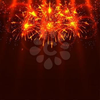 Bright colorful fireworks and rays on a red background. Holiday card. Vector illustration