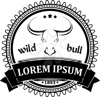 Logo, label with the silhouette of a bull's head. Design badge for your farm, shop, shops, market. Agriculture. Cattle. Fresh and quality meat and milk. Natural product. Logo. Wild bull. Vector illust