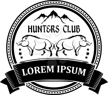 Logo, label with silhouettes of two wild boars. Design for your hunting club and event. Agriculture. Fresh wildfowl, prey. Natural product. Logo. Wild boar. Vector illustration.