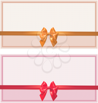 Set of greeting cards with bows of satin ribbons isolated on white background. Vector illustration.

