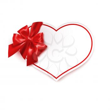 Romantic card with a heart of red satin bow isolated on white background. Valentine's Day. Wedding. Vector illustration.